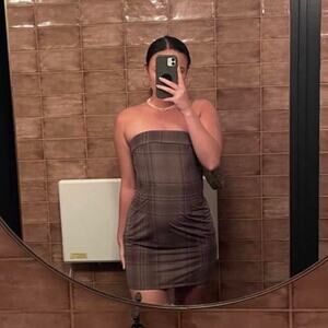 With Jean Chloe Corset Dress Brown Plaid Strapless Small Short